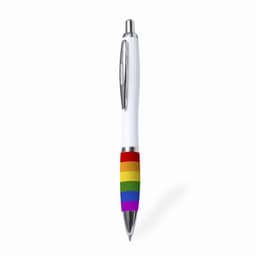 A pen with a white body and a vibrant rainbow-striped grip, featuring a silver clip and tip.