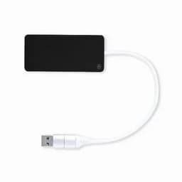 A USB charging cable with a black rectangular connector and a white cord.