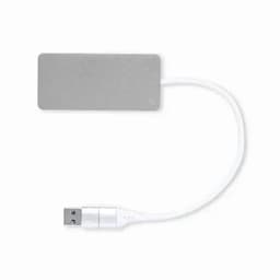 A grey USB device with a white cable, featuring a flat rectangular shape and a USB connector at one end.