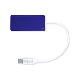 A USB hub with a purple rectangular body and a white cable. Features a connector at the end for devices.