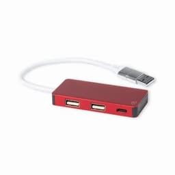 A USB hub in red with two standard USB ports and one USB-C port, connected by a white cable.