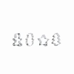 Four stainless steel cookie cutters shaped like a gingerbread man, snowman, star, and Christmas tree.