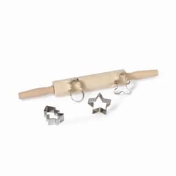 A rolling pin with wooden handles, surrounded by star and geometric-shaped cookie cutters. The items are primarily silver and beige.