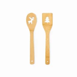 A set of bamboo cooking utensils featuring cut-out designs of a reindeer and a Christmas tree.