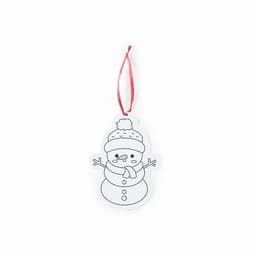 A snowman-shaped ornament with a red ribbon, featuring a blank outline for colouring in.
