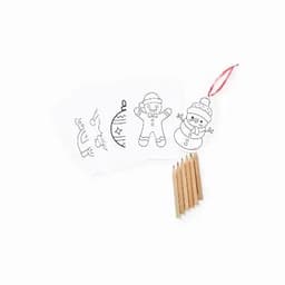A set of colouring cards featuring a snowman and a gingerbread man, accompanied by coloured pencils.