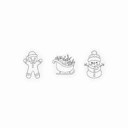 Three festive outlines: a gingerbread man, a sleigh filled with presents, and a snowman wearing a hat and scarf.