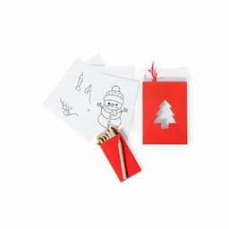 A red gift box with a tree cut-out, containing colouring sheets and wooden crayons.