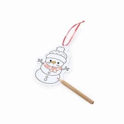 A snowman-themed colouring tag with a brown pencil for colouring, featuring a red ribbon for hanging.
