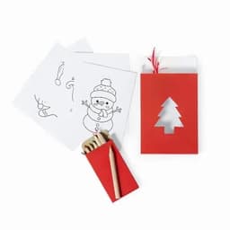 A red gift box with a Christmas tree cutout, containing colouring pages and wooden crayons.