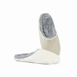 A pair of cream-coloured slippers with a soft grey fur lining and an open back design.