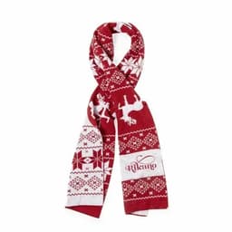A red scarf with white patterns, including reindeer and snowflakes, featuring a logo.