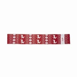 A festive red scarf featuring white holiday-themed patterns and a logo, perfect for seasonal fashion.