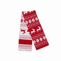 A red and white patterned scarf featuring reindeer and snowflakes, with a festive design.