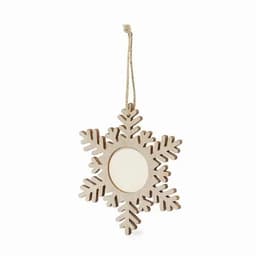A wooden snowflake ornament with intricate leaf patterns and a blank centre, hanging on a jute string.