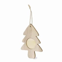 A wooden Christmas tree decoration with a natural finish and a circular cut-out, featuring a hanging twine.