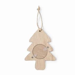 A wooden Christmas tree-shaped ornament with a circular cutout, featuring a rustic finish and hanging twine.