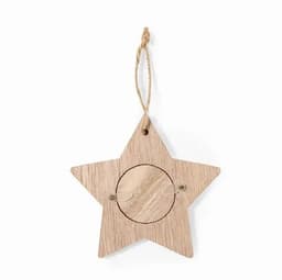 A star-shaped wooden decoration with a hanging loop, featuring a circular cutout at the centre.
