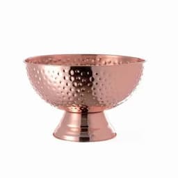 A copper bowl with a hammered finish, featuring a rounded design and a sturdy base.