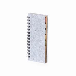 A spiral-bound notebook with a grey cover and multicoloured tabs on the side. It features a simple design.