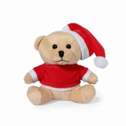 A teddy bear dressed in a red Santa outfit with a matching Santa hat, featuring a soft, light tan fur.