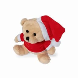 A plush teddy bear dressed in a red Santa suit and hat, featuring a soft beige body and black eyes.