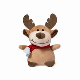 A plush toy reindeer with brown antlers, a red scarf, and a cheerful expression. It has a soft, tan body.