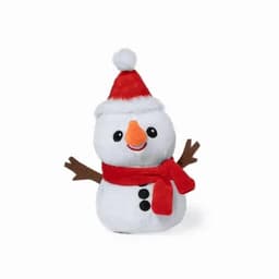 A plush snowman wearing a red hat and scarf, with an orange nose and brown stick arms. It has a happy expression.