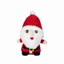 A plush Santa Claus toy dressed in a red suit with a white beard and a fluffy hat, featuring a cheerful expression.