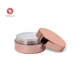 A rose gold container with a smooth white interior and a lid, featuring a floral branding element.