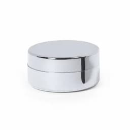 A shiny silver container with a round, smooth lid and a base, featuring a reflective surface.