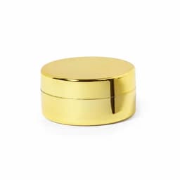 A gold round container with a shiny finish, featuring a smooth lid and a seamless design.