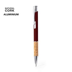 A pen featuring a burgundy barrel, a cork grip, and a chrome clip. It has a logo on the barrel.