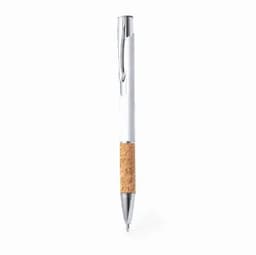 A pen featuring a white body, a chrome clip, and a cork grip. It has a sleek and modern design.