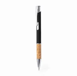 A pen featuring a black body, a cork grip section, and a silver clip, with a polished finish.