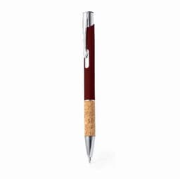 A maroon pen with a cork grip and silver accents, featuring a clip and a ballpoint tip.