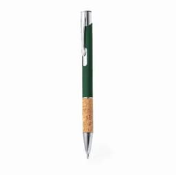 A pen with a green body and cork grip, featuring a silver clip and tip.