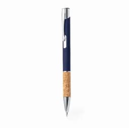 A pen featuring a navy barrel, cork grip, and shiny chrome accents. It has a logo on the side.