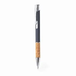 A pen with a navy body and a cork grip, featuring a silver clip and tip. It has a branding logo.
