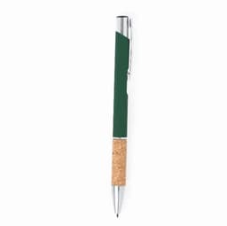 A green pen with a cork grip and a silver clip, featuring a sleek design.