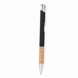 A black pen with a cork grip and silver accents, featuring a logo on the side.