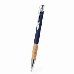 A pen with a navy blue barrel and cork grip, featuring a silver clip and tip. It includes a logo on the barrel.