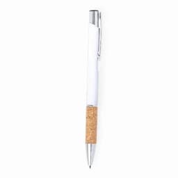 A pen with a cork grip and a silver clip, featuring a white barrel.