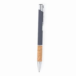 A pen featuring a grey barrel and a cork grip, with a shiny metal clip and tip. It includes a logo on the barrel.