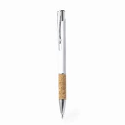 A pen with a white barrel and a cork grip, featuring a silver clip and tip, along with a logo.