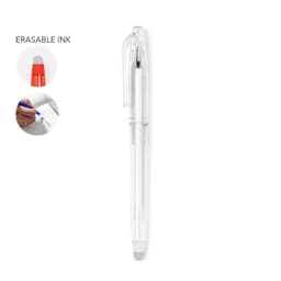 A pen with a transparent body and an eraser tip, featuring blue ink and a clip for attachment.