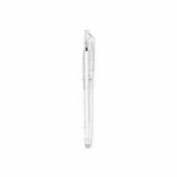 A pen with a transparent barrel design, featuring a clip and a fine tip for precise writing.