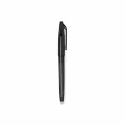 A black pen with a clip and a sleek, minimalistic design. It has a smooth barrel and a pointed tip.