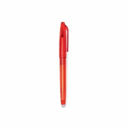 A red pen with a transparent body and a clip at the top. It features a retractable tip and a smooth design.