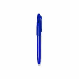 A blue pen with a clip and a smooth barrel design, featuring a logo on the side.